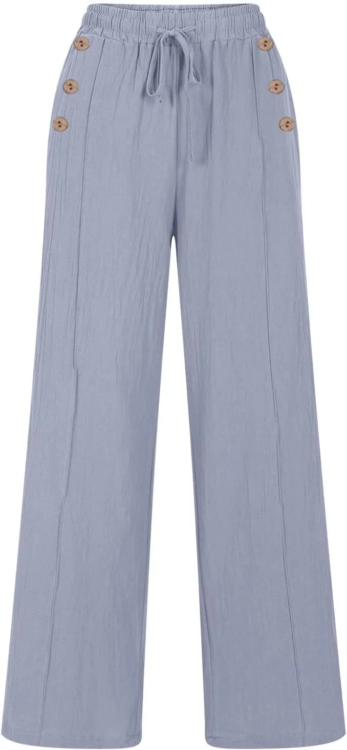 Lmdudan Linen Pants Women 2025 Summer Beach Lounge Palazzo Trousers Loose Elastic Plus Size Drawstring with Pockets Pants