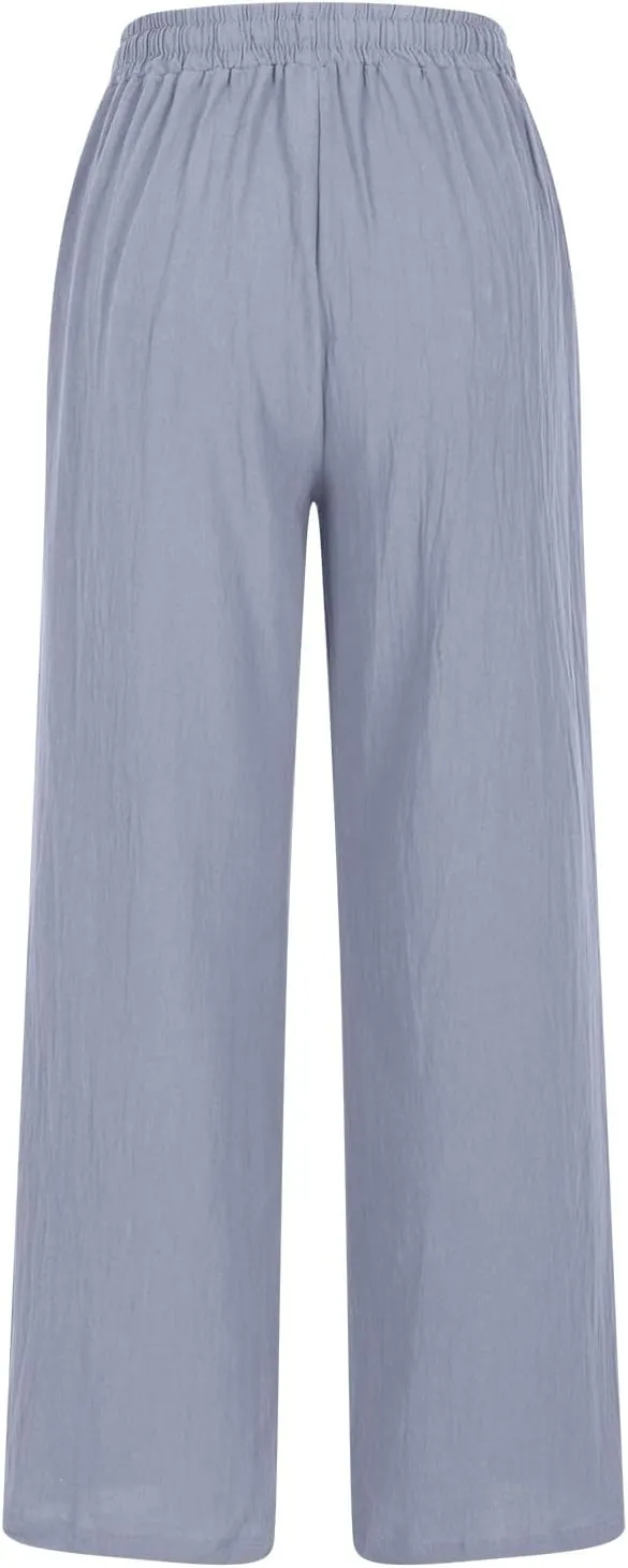 Lmdudan Linen Pants Women 2025 Summer Beach Lounge Palazzo Trousers Loose Elastic Plus Size Drawstring with Pockets Pants