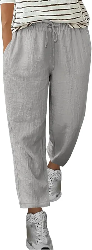 Lmdudan Plus Size Women Wide Leg Linen Pants Elastic Waisted Summer Cotton Linen Palazzo Pants Trendy Trousers with Pockets