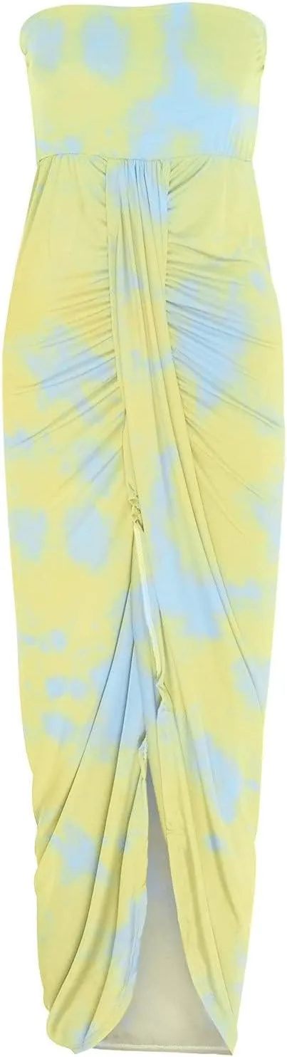 LOAIHA Summer Beach Strapless Dress for Women Boho Floral Maxi Tube Dress Sexy Vacation Ruched Asymmetrical Bandeau Sundress