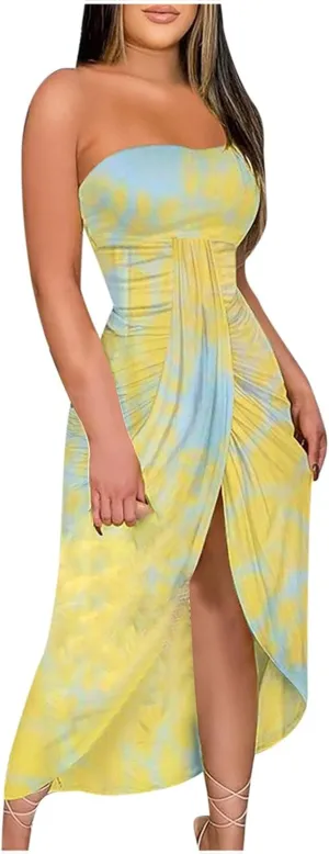 LOAIHA Summer Beach Strapless Dress for Women Boho Floral Maxi Tube Dress Sexy Vacation Ruched Asymmetrical Bandeau Sundress