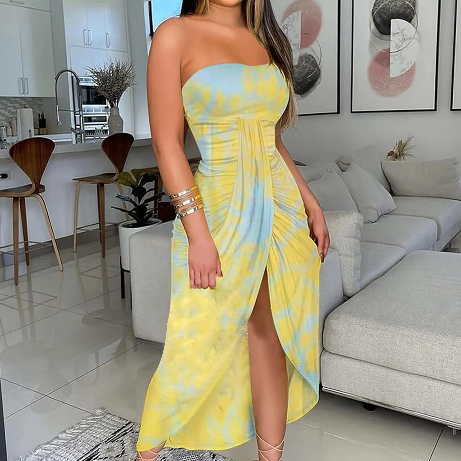 LOAIHA Summer Beach Strapless Dress for Women Boho Floral Maxi Tube Dress Sexy Vacation Ruched Asymmetrical Bandeau Sundress