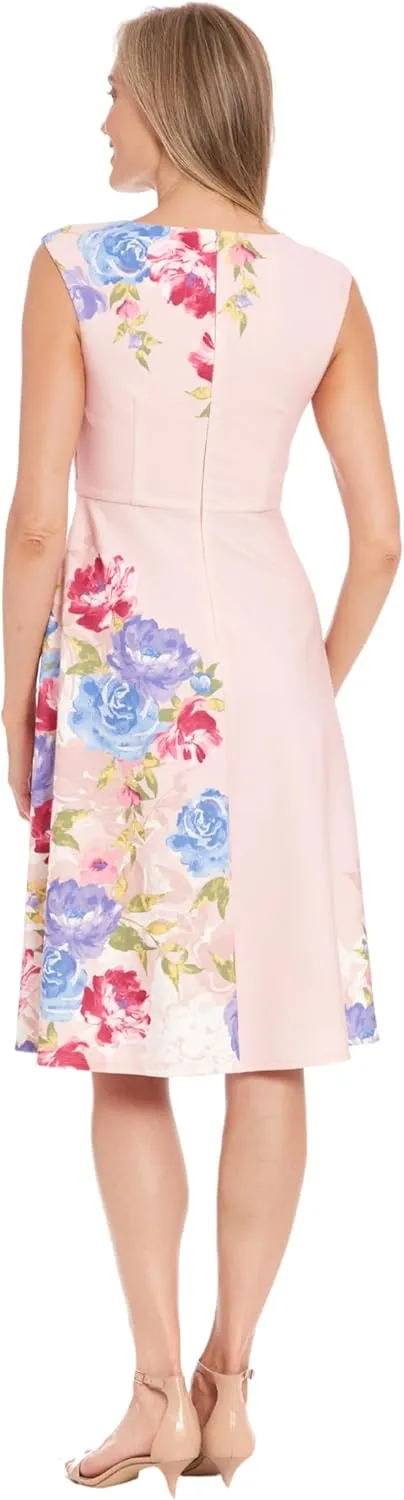 London Times Women's Extended Shoulder Asymm Seamed Flare Dress