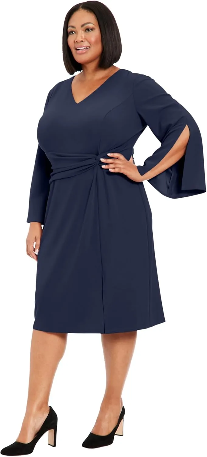 London Times Women's V-Neck Side Twist Flare SLV Sheath with Slit