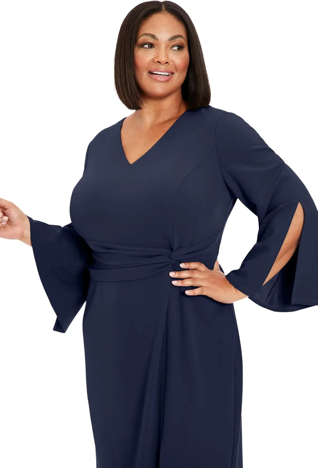 London Times Women's V-Neck Side Twist Flare SLV Sheath with Slit