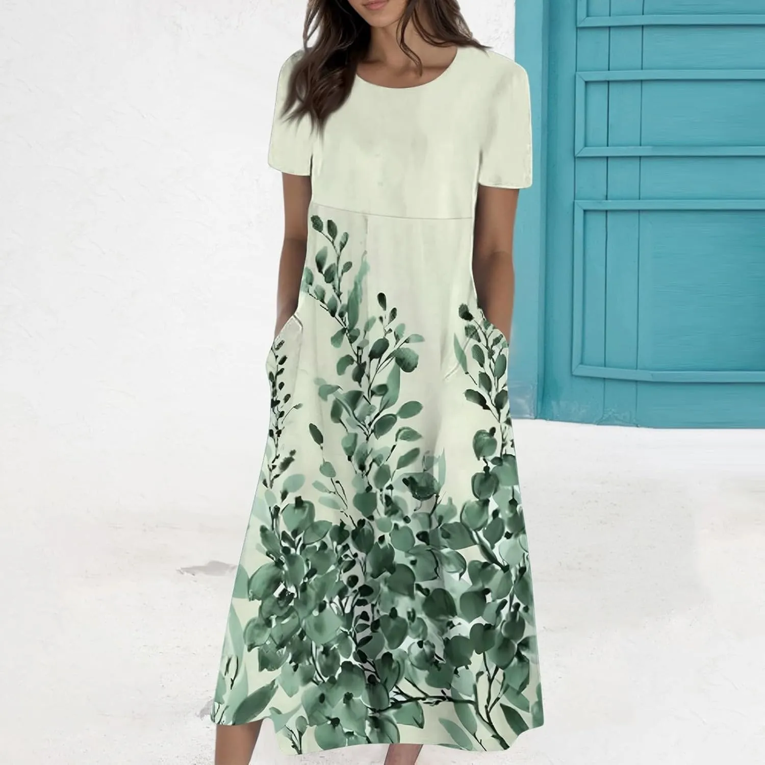 Long Floral Dresses for Women Short Sleeve Summer Casual Crewneck T Shirt Dress A Line Flowy Elegant Pocket Sundress