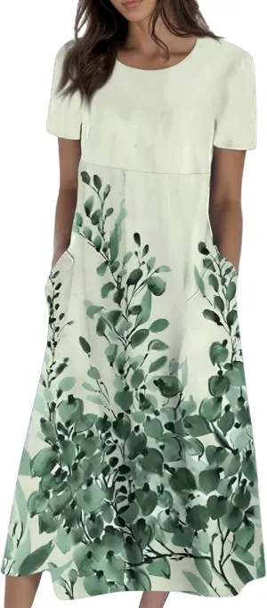 Long Floral Dresses for Women Short Sleeve Summer Casual Crewneck T Shirt Dress A Line Flowy Elegant Pocket Sundress