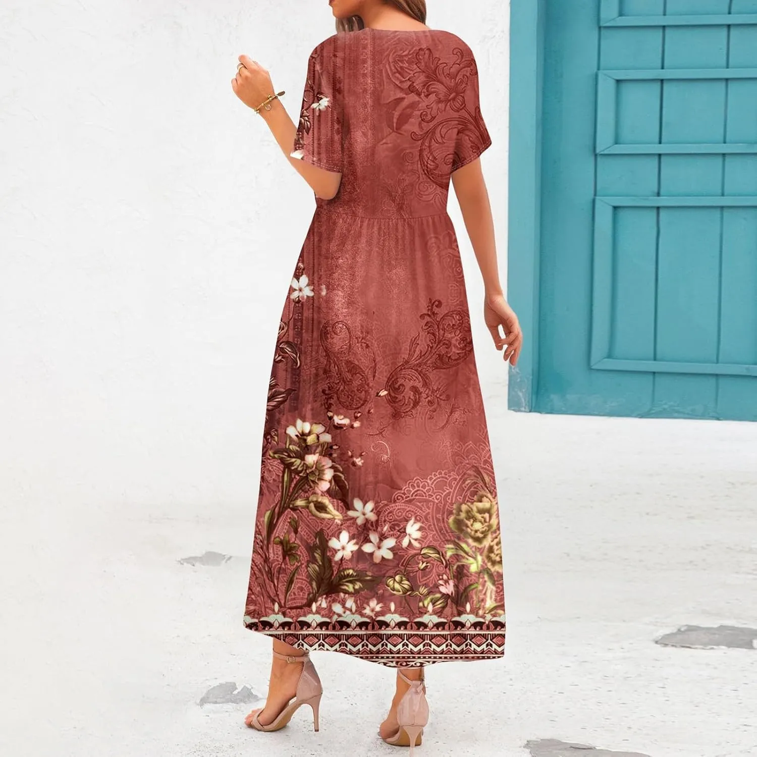 Long Floral Dresses for Women Short Sleeve Summer Casual Crewneck T Shirt Dress A Line Flowy Elegant Pocket Sundress