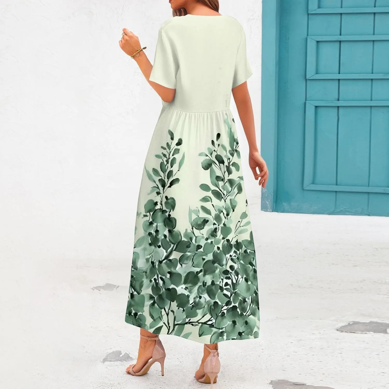 Long Floral Dresses for Women Short Sleeve Summer Casual Crewneck T Shirt Dress A Line Flowy Elegant Pocket Sundress