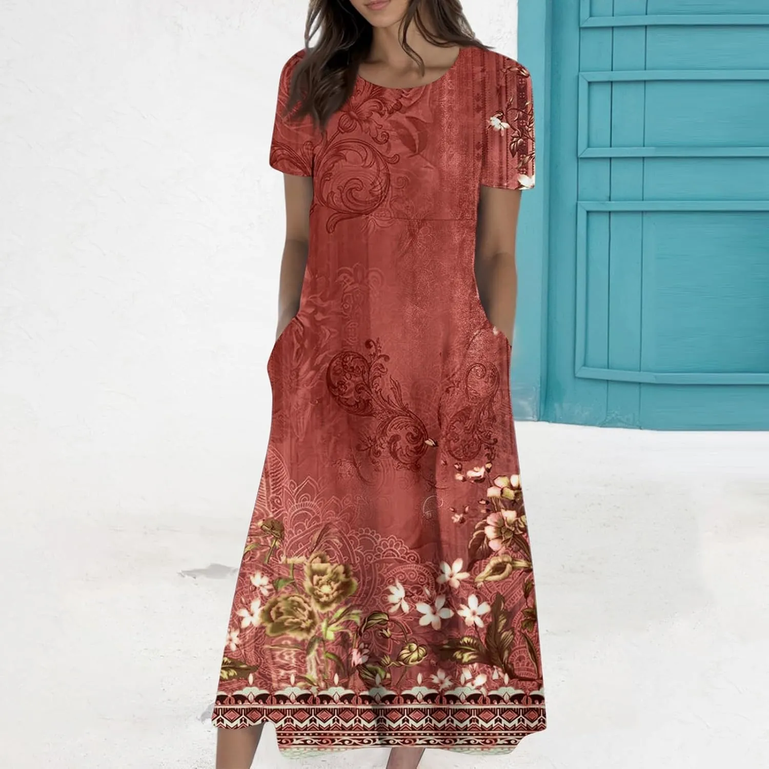 Long Floral Dresses for Women Short Sleeve Summer Casual Crewneck T Shirt Dress A Line Flowy Elegant Pocket Sundress