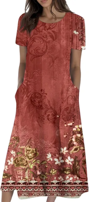Long Floral Dresses for Women Short Sleeve Summer Casual Crewneck T Shirt Dress A Line Flowy Elegant Pocket Sundress