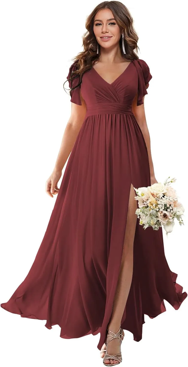 Loyeloy V Neck Flutter Sleeves Bridesmaid Dresses with Slit 2024 Chiffon Aline Pleats Formal Evening Gowns