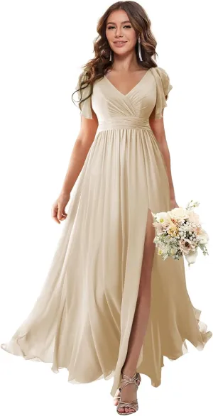 Loyeloy V Neck Flutter Sleeves Bridesmaid Dresses with Slit 2024 Chiffon Aline Pleats Formal Evening Gowns