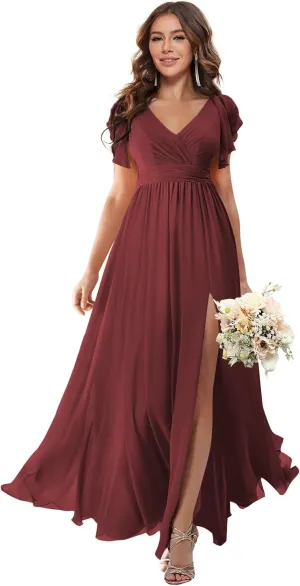 Loyeloy V Neck Flutter Sleeves Bridesmaid Dresses with Slit 2024 Chiffon Aline Pleats Formal Evening Gowns