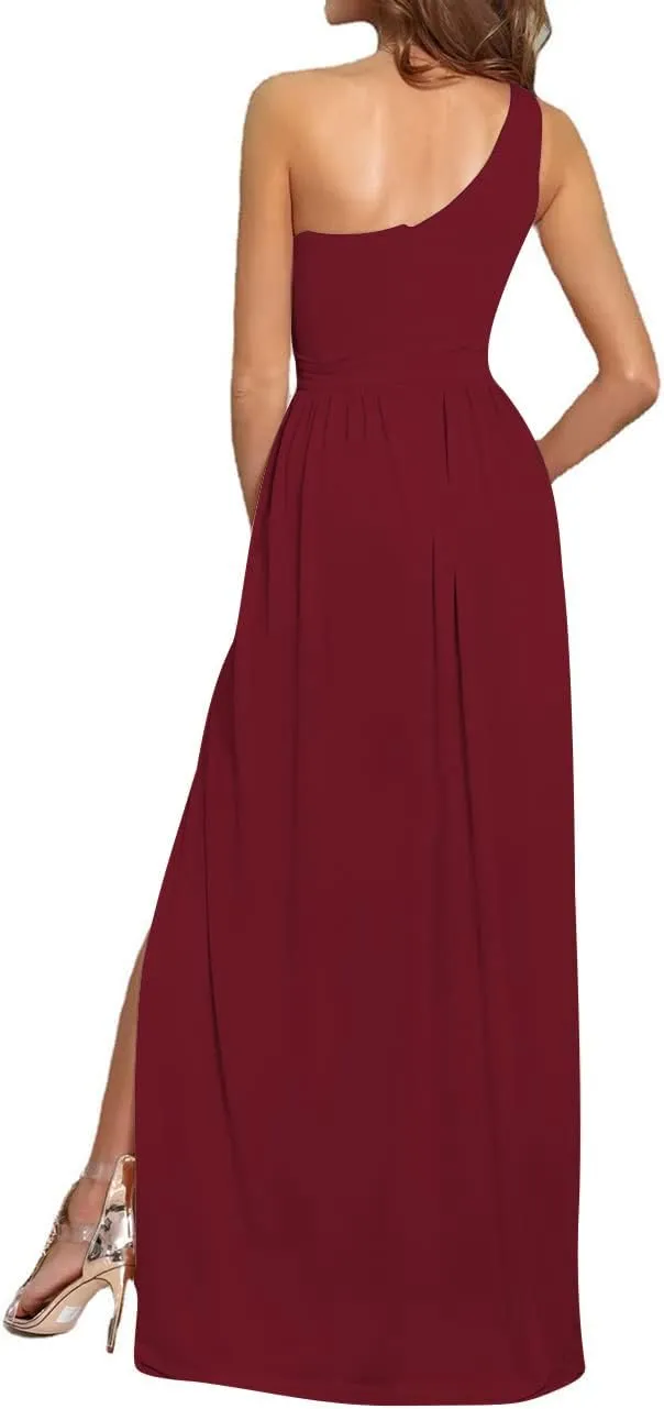 LYANER Women's One Shoulder High Split Sleeveless Ruched Sexy Cocktail Maxi Long Dress