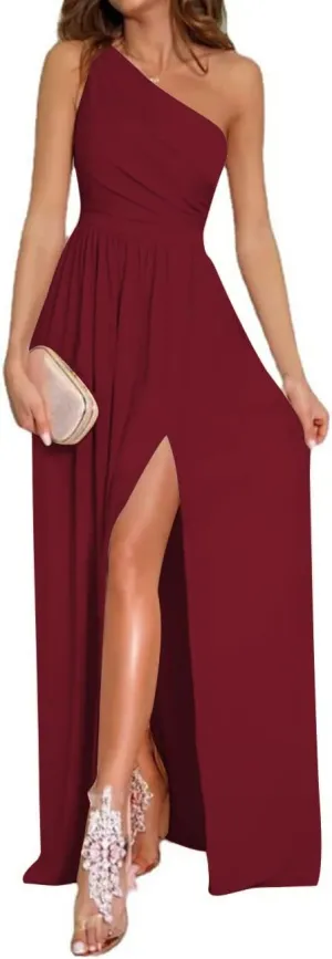 LYANER Women's One Shoulder High Split Sleeveless Ruched Sexy Cocktail Maxi Long Dress