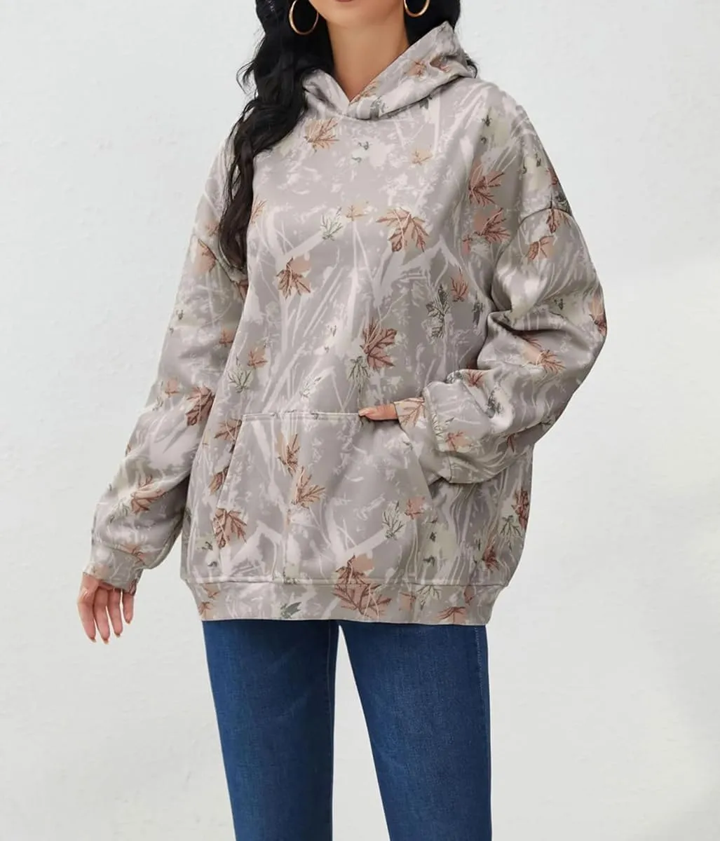 Lynkiss Womens Cotton Fleece Camo Hoodies Maple Leaf Print Oversized Hoodies Sweatshirt Pullover with Pocket