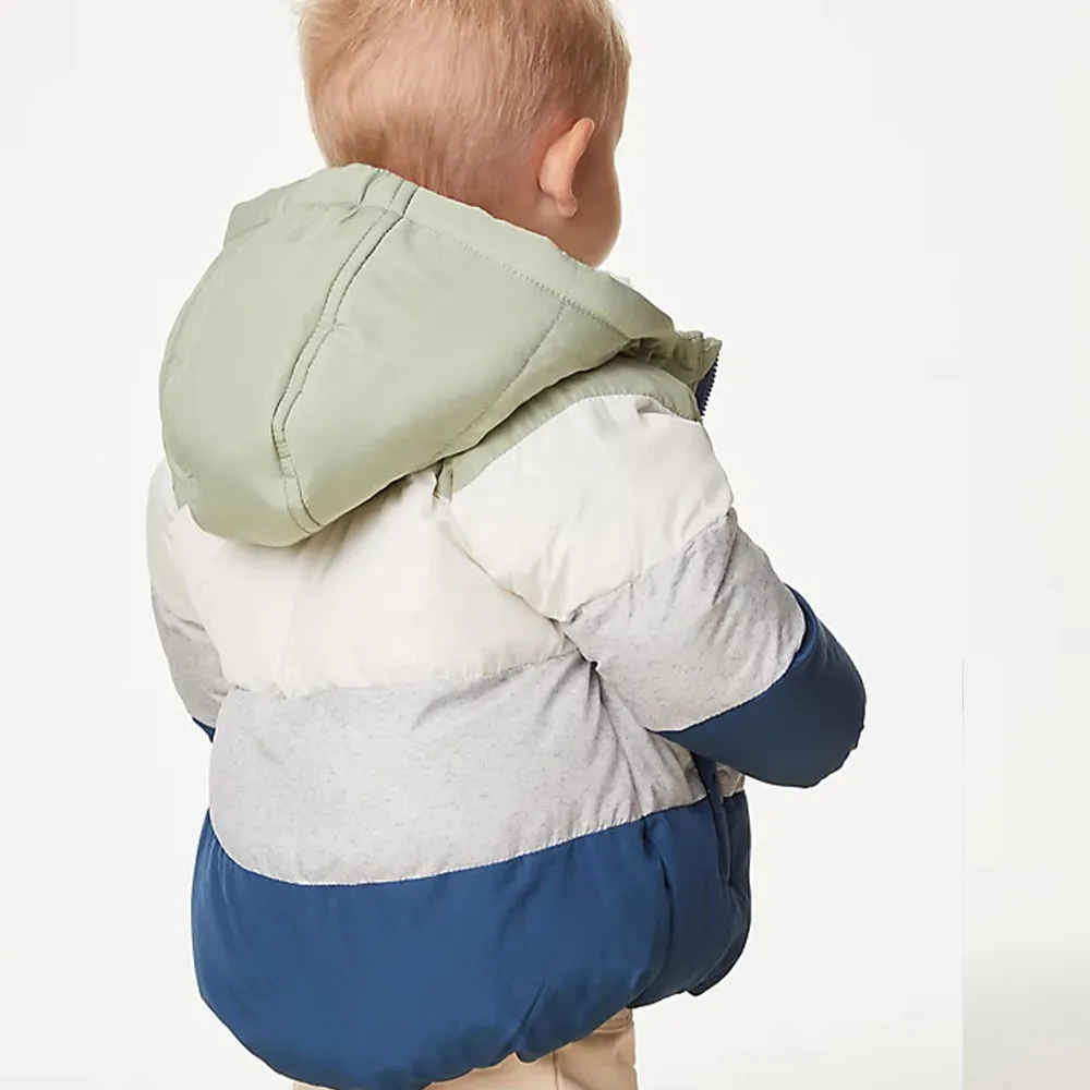 M Color Block Green With Blue Fur Warm Puffer Jacket 11877