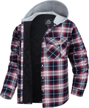 MAGCOMSEN Men's Quilted Lined Flannel Hoodie Jacket Cotton Button Down Shirt Jacket Long Sleeve Plaid Shirt Shacket