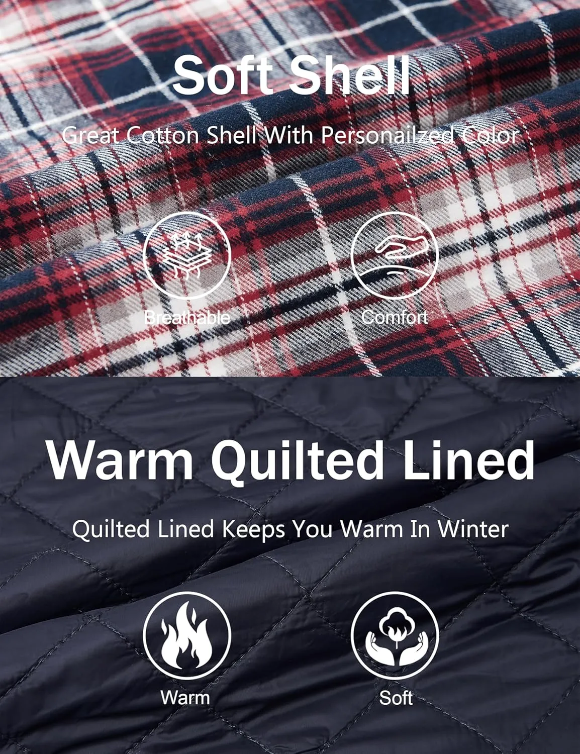 MAGCOMSEN Men's Quilted Lined Flannel Hoodie Jacket Cotton Button Down Shirt Jacket Long Sleeve Plaid Shirt Shacket