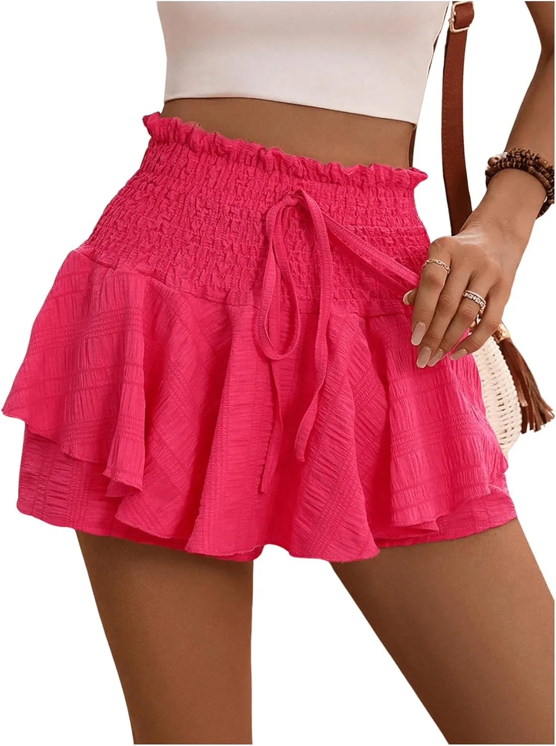 MakeMeChic Women's Drawstring Waist Shirred Summer Shorts Ruffle Layer Flowy Skort Shorts