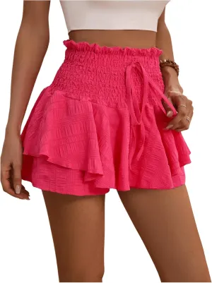 MakeMeChic Women's Drawstring Waist Shirred Summer Shorts Ruffle Layer Flowy Skort Shorts