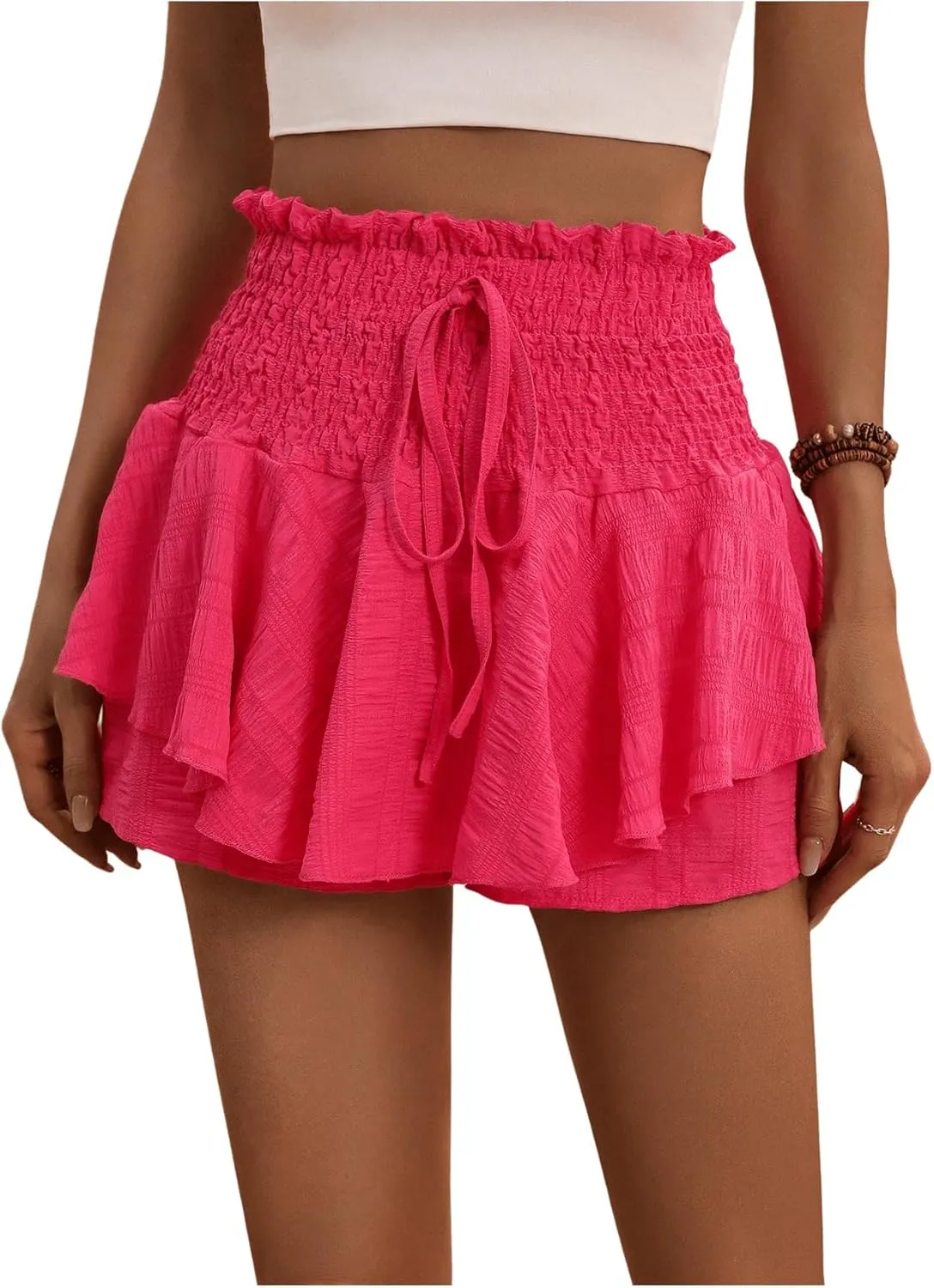 MakeMeChic Women's Drawstring Waist Shirred Summer Shorts Ruffle Layer Flowy Skort Shorts
