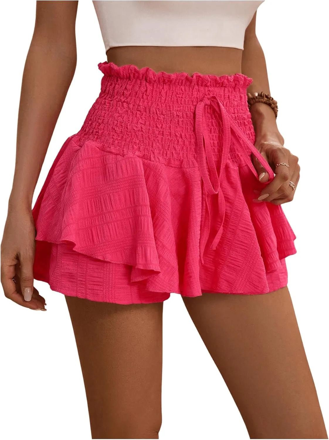 MakeMeChic Women's Drawstring Waist Shirred Summer Shorts Ruffle Layer Flowy Skort Shorts