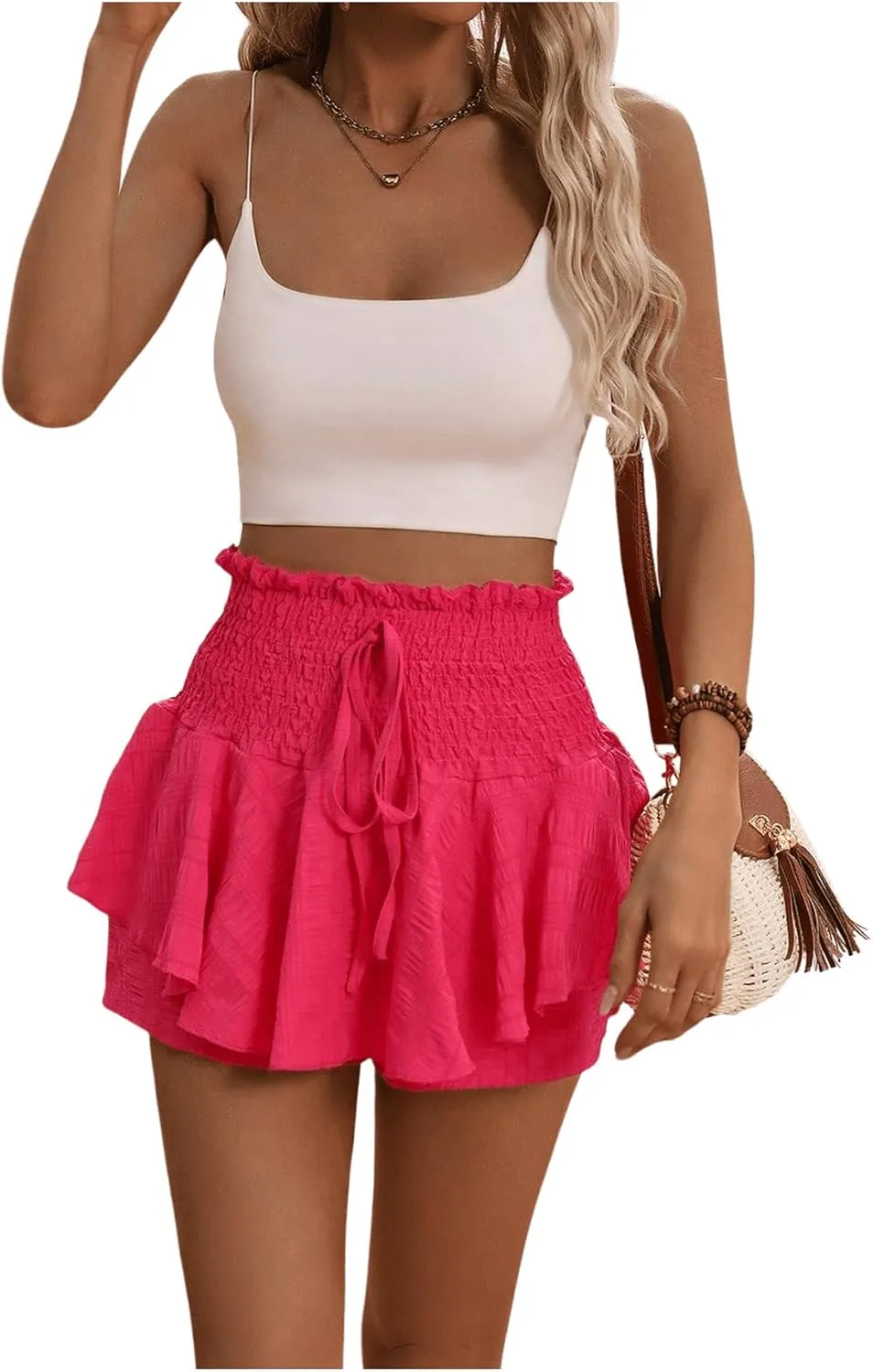 MakeMeChic Women's Drawstring Waist Shirred Summer Shorts Ruffle Layer Flowy Skort Shorts