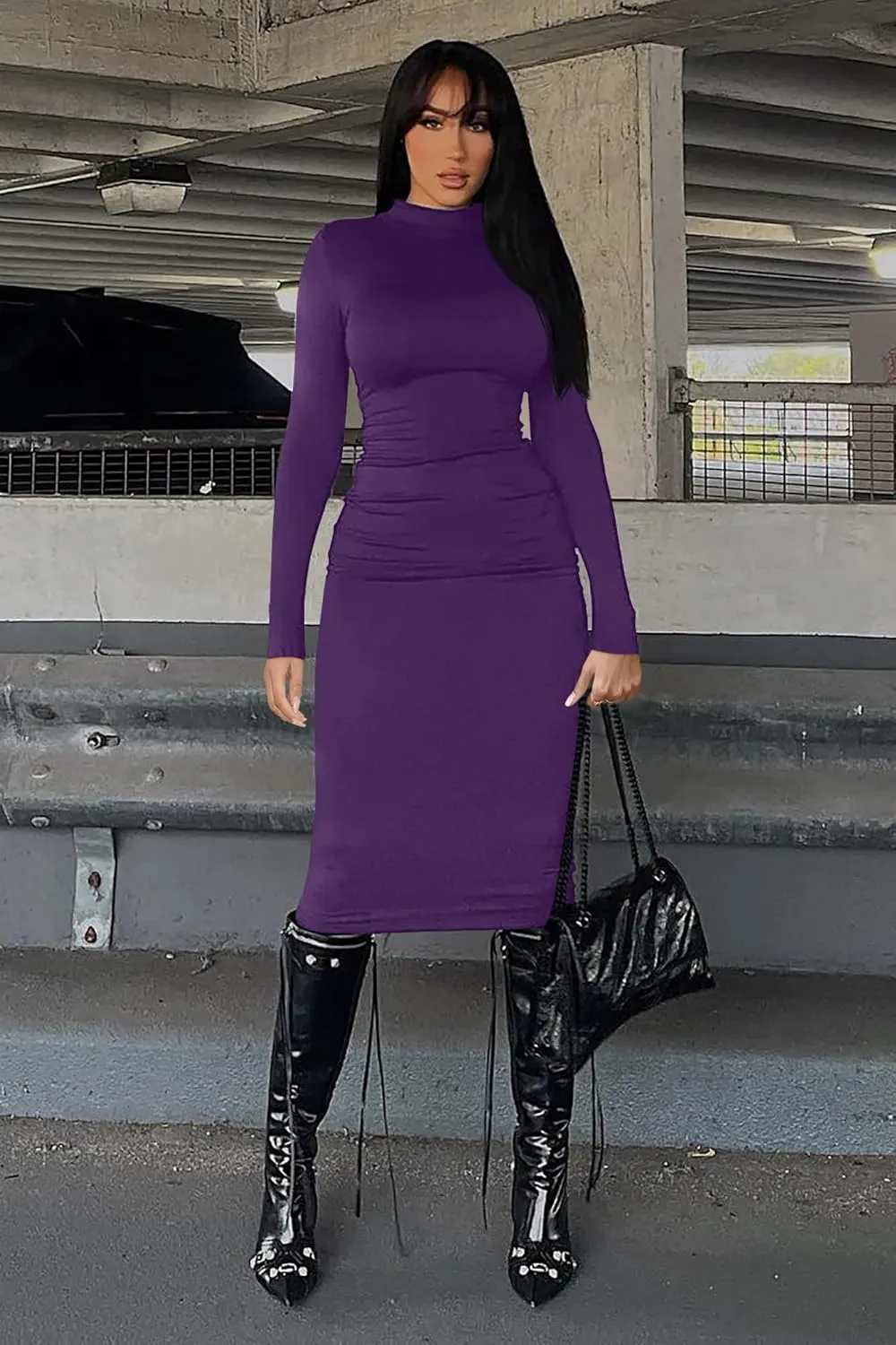 Memoriesea Women's Basic Turtleneck Long Sleeve Ribbed Bodycon Fall Slim Solid Maix Pencil Dress