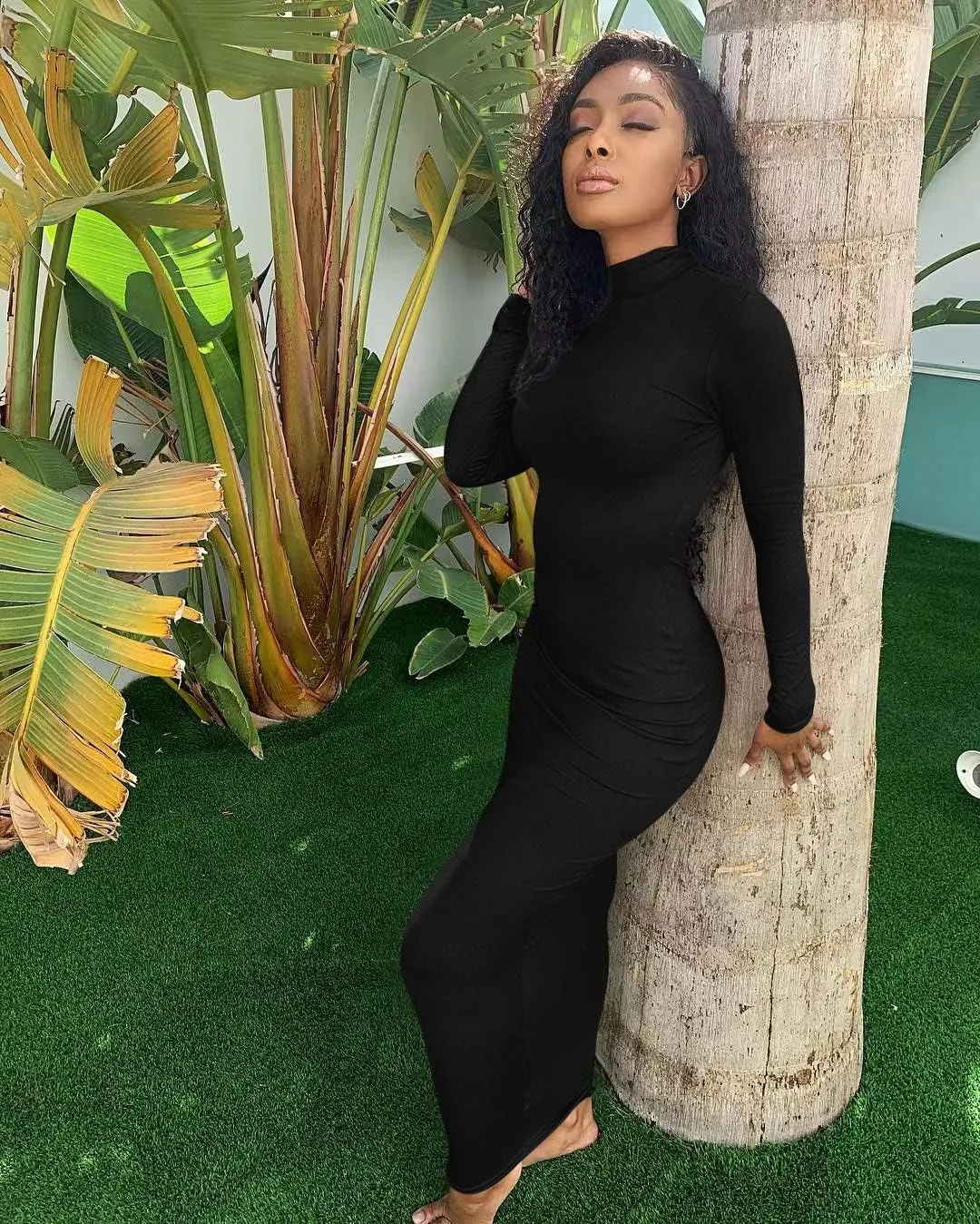 Memoriesea Women's Basic Turtleneck Long Sleeve Ribbed Bodycon Fall Slim Solid Maix Pencil Dress