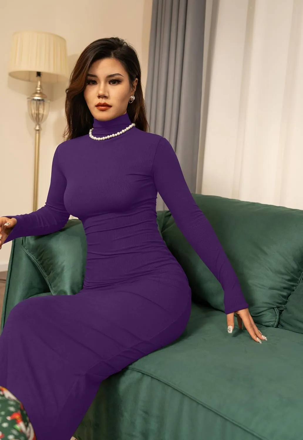 Memoriesea Women's Basic Turtleneck Long Sleeve Ribbed Bodycon Fall Slim Solid Maix Pencil Dress