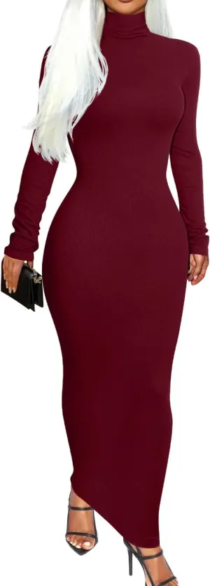 Memoriesea Women's Basic Turtleneck Long Sleeve Ribbed Bodycon Fall Slim Solid Maix Pencil Dress