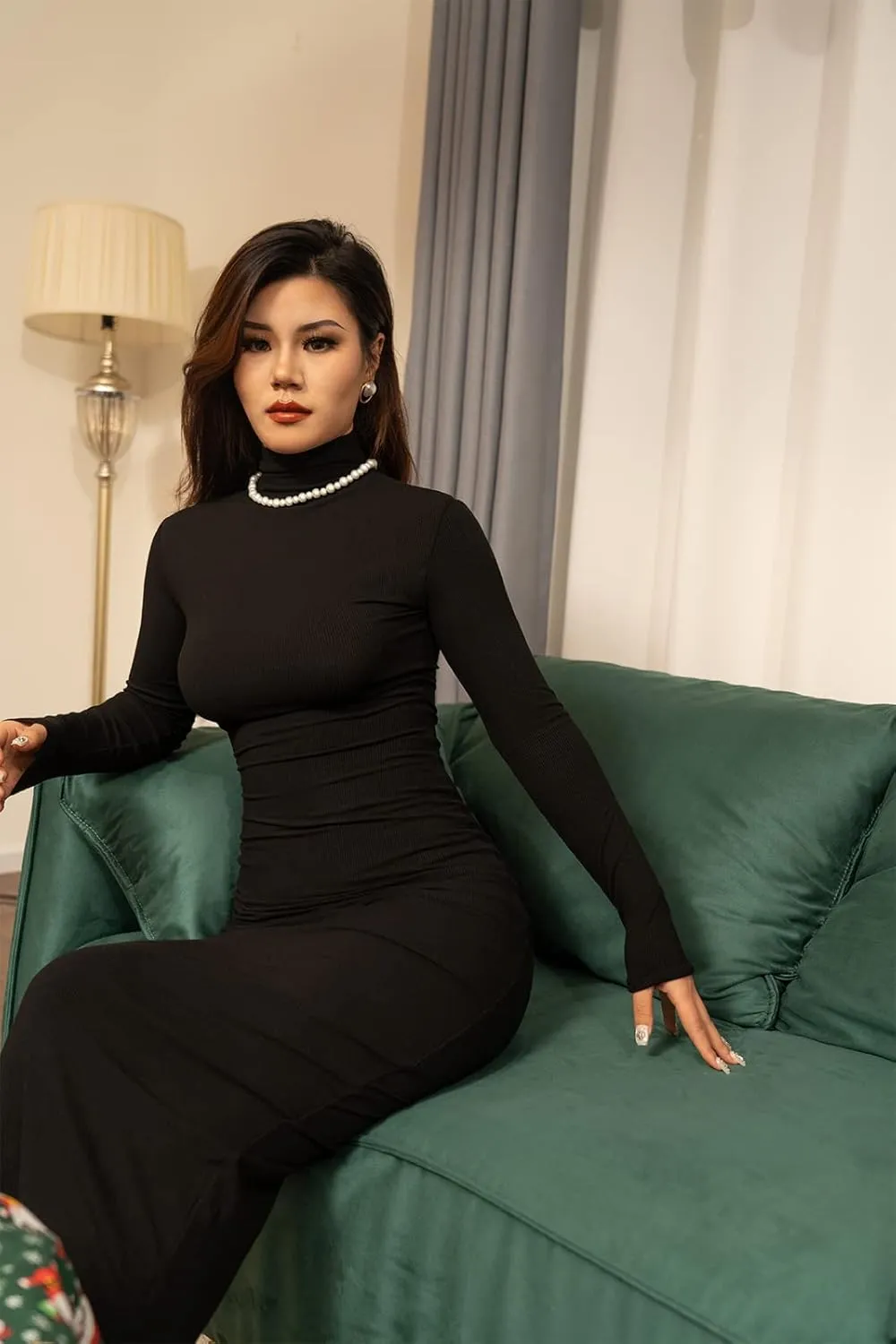 Memoriesea Women's Basic Turtleneck Long Sleeve Ribbed Bodycon Fall Slim Solid Maix Pencil Dress