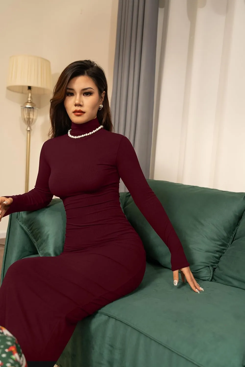 Memoriesea Women's Basic Turtleneck Long Sleeve Ribbed Bodycon Fall Slim Solid Maix Pencil Dress