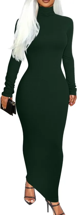 Memoriesea Women's Basic Turtleneck Long Sleeve Ribbed Bodycon Fall Slim Solid Maix Pencil Dress