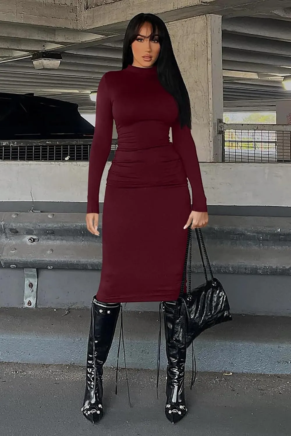 Memoriesea Women's Basic Turtleneck Long Sleeve Ribbed Bodycon Fall Slim Solid Maix Pencil Dress