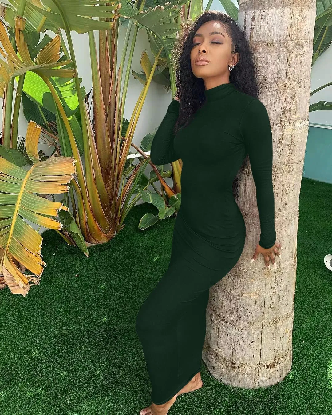 Memoriesea Women's Basic Turtleneck Long Sleeve Ribbed Bodycon Fall Slim Solid Maix Pencil Dress