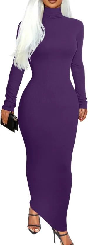 Memoriesea Women's Basic Turtleneck Long Sleeve Ribbed Bodycon Fall Slim Solid Maix Pencil Dress