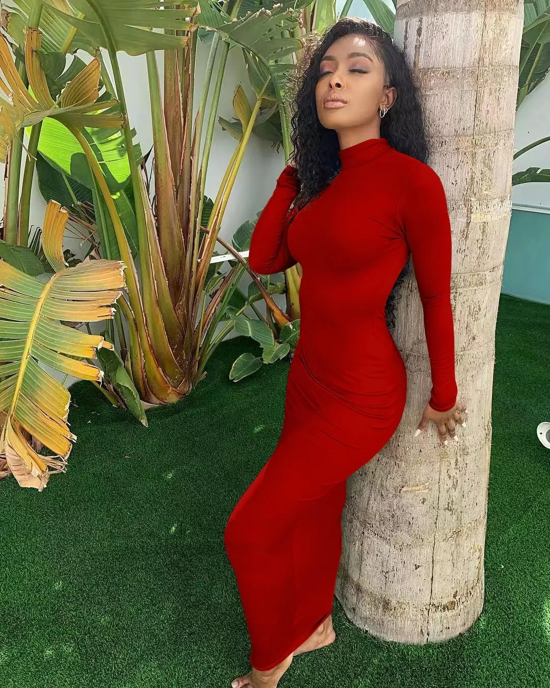 Memoriesea Women's Basic Turtleneck Long Sleeve Ribbed Bodycon Fall Slim Solid Maix Pencil Dress