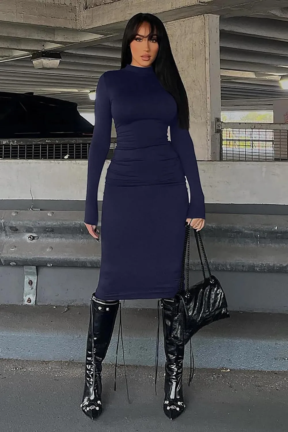 Memoriesea Women's Basic Turtleneck Long Sleeve Ribbed Bodycon Fall Slim Solid Maix Pencil Dress