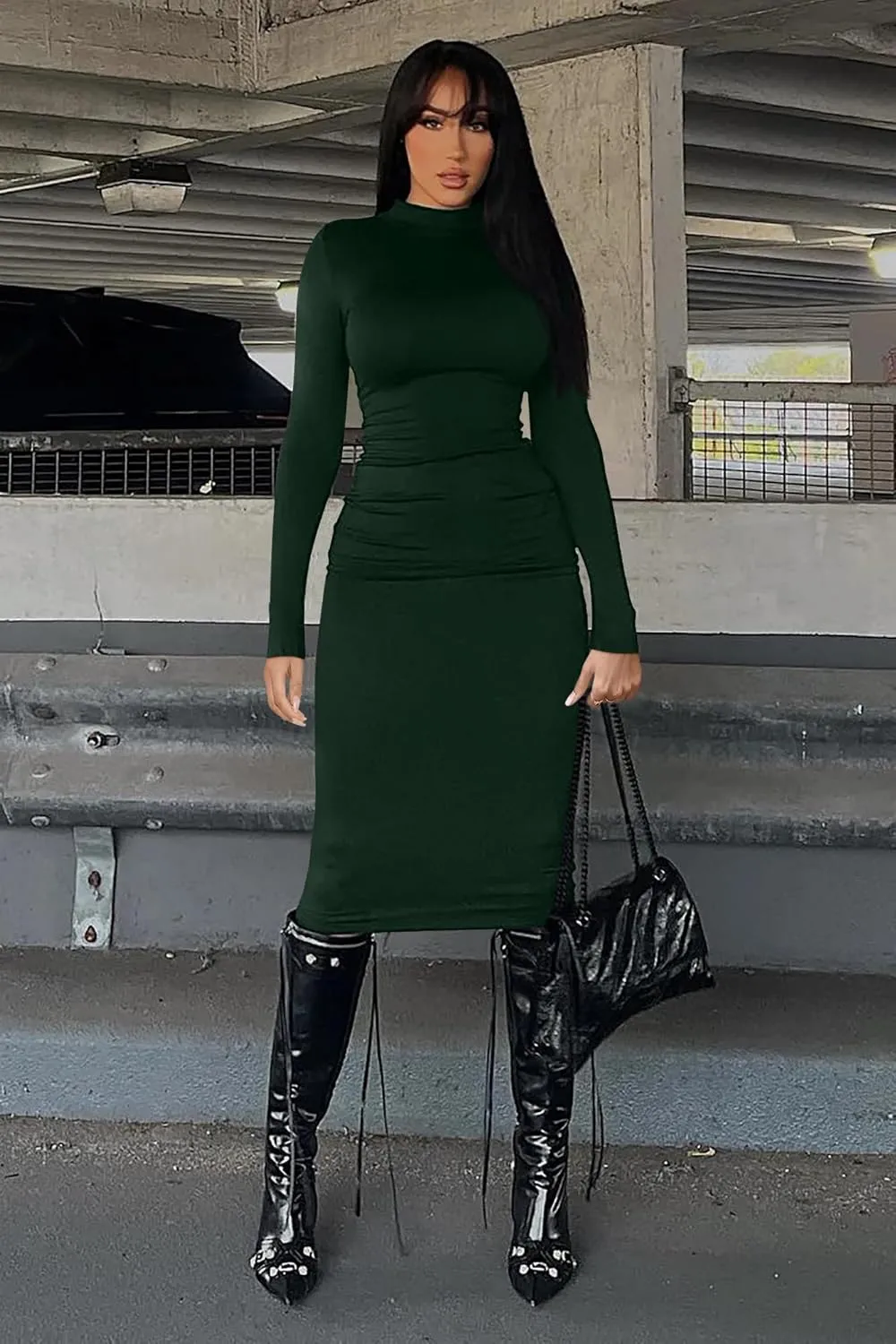 Memoriesea Women's Basic Turtleneck Long Sleeve Ribbed Bodycon Fall Slim Solid Maix Pencil Dress