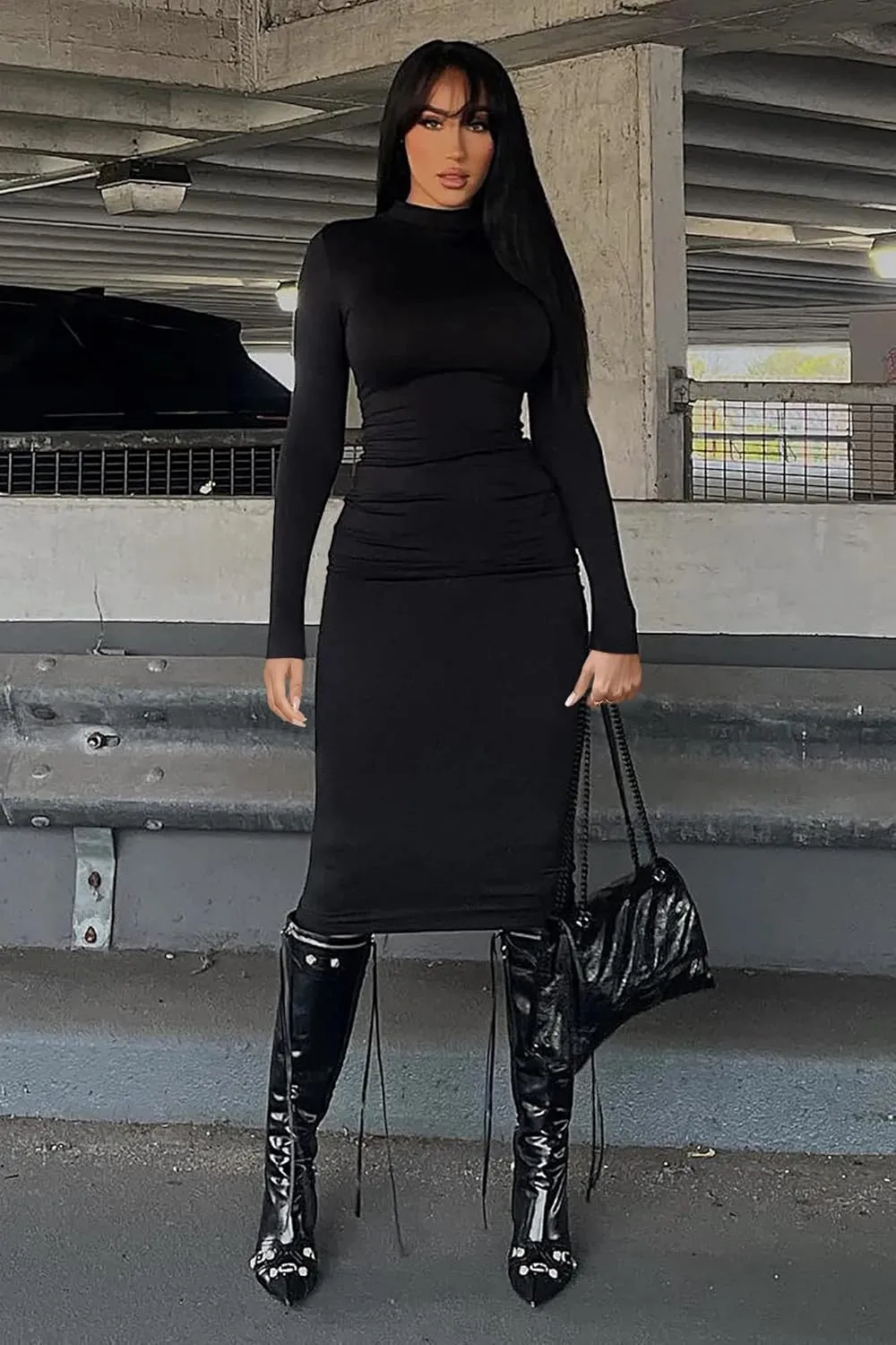 Memoriesea Women's Basic Turtleneck Long Sleeve Ribbed Bodycon Fall Slim Solid Maix Pencil Dress