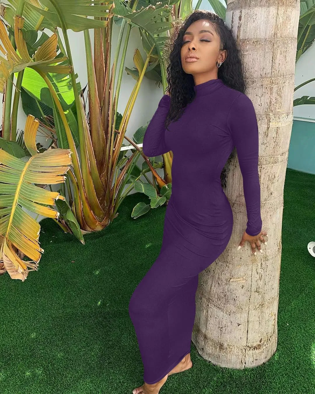 Memoriesea Women's Basic Turtleneck Long Sleeve Ribbed Bodycon Fall Slim Solid Maix Pencil Dress