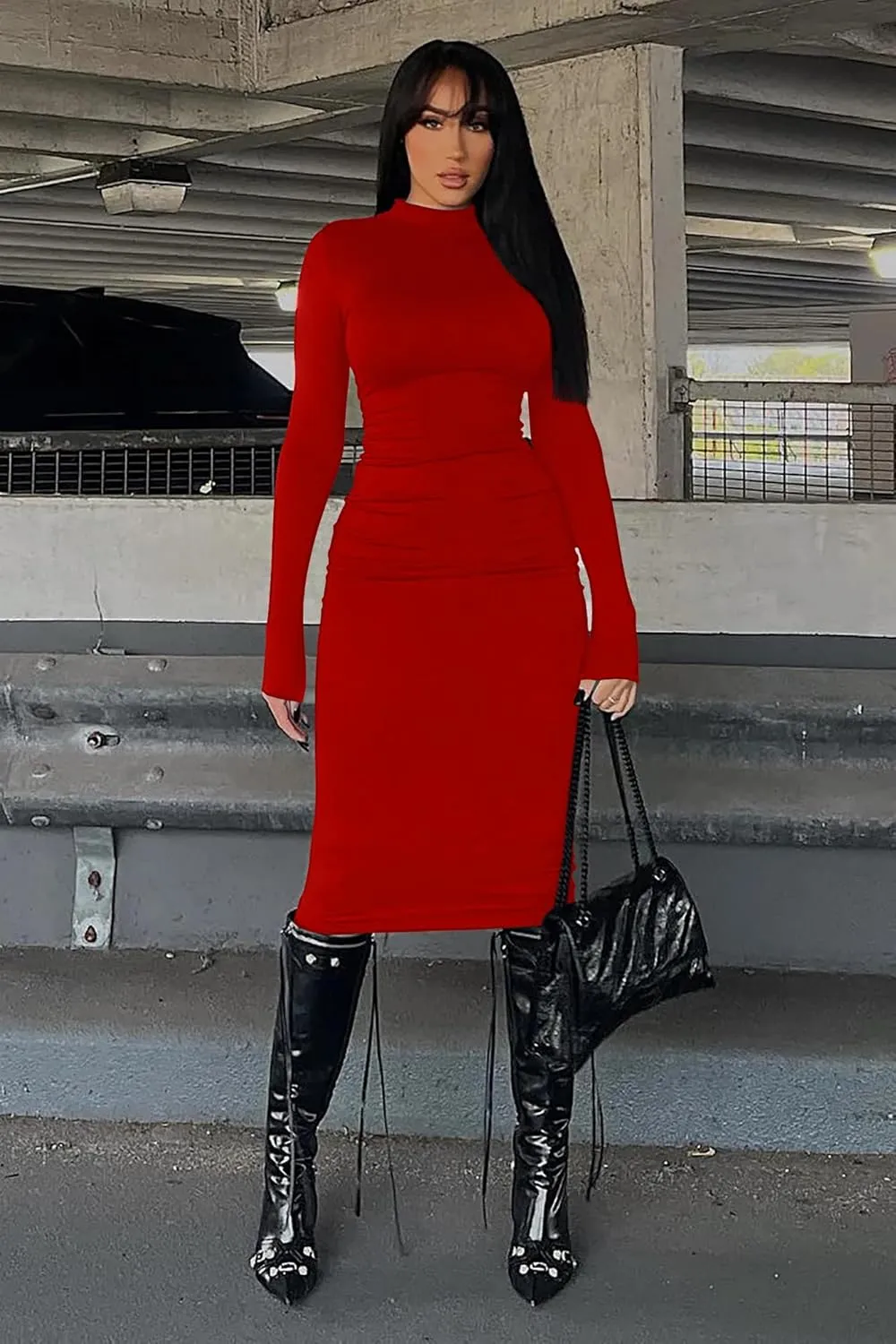 Memoriesea Women's Basic Turtleneck Long Sleeve Ribbed Bodycon Fall Slim Solid Maix Pencil Dress