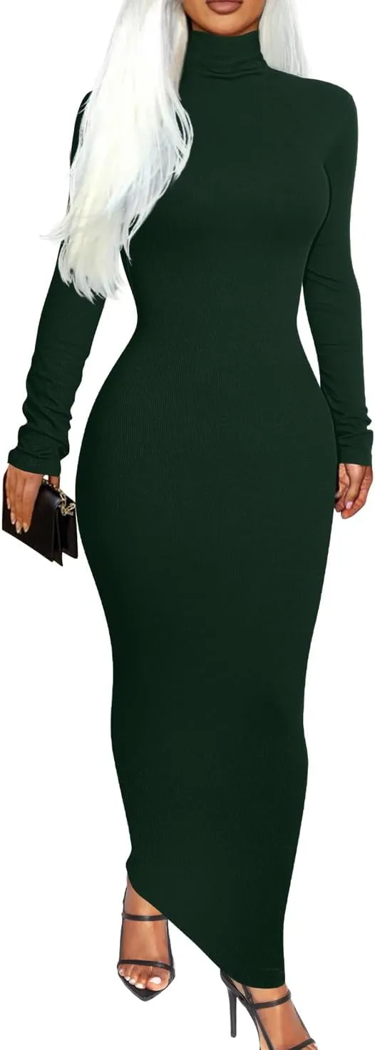 Memoriesea Women's Basic Turtleneck Long Sleeve Ribbed Bodycon Fall Slim Solid Maix Pencil Dress