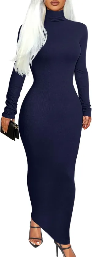 Memoriesea Women's Basic Turtleneck Long Sleeve Ribbed Bodycon Fall Slim Solid Maix Pencil Dress
