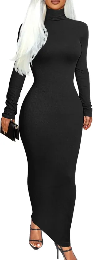 Memoriesea Women's Basic Turtleneck Long Sleeve Ribbed Bodycon Fall Slim Solid Maix Pencil Dress