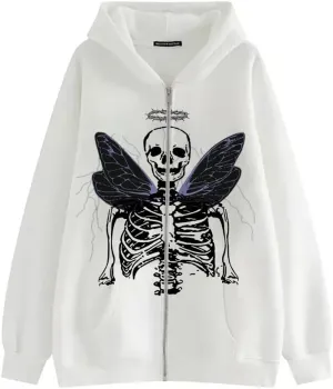 Men Womens Skeleton Zip Up Hoodie Y2k Oversized Rhinestone Skull Hooded Graphic Sweatshirt Thin Aesthetic Jackets