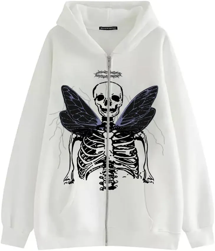 Men Womens Skeleton Zip Up Hoodie Y2k Oversized Rhinestone Skull Hooded Graphic Sweatshirt Thin Aesthetic Jackets